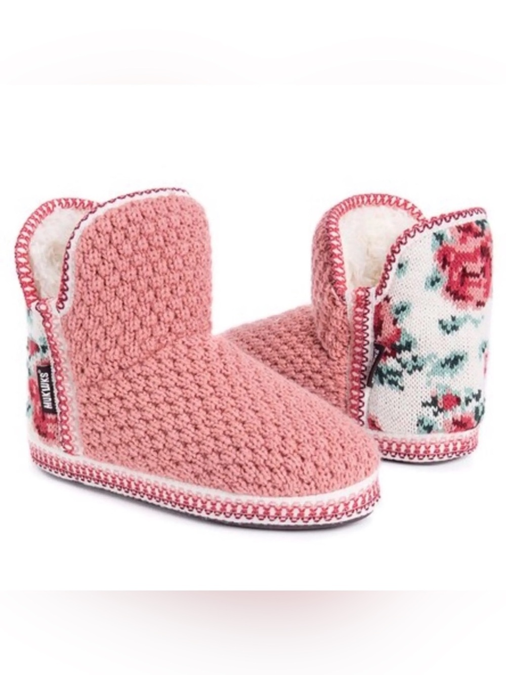 Muk Luks Pink Knit Floral Cuff Women's Slipper Boots